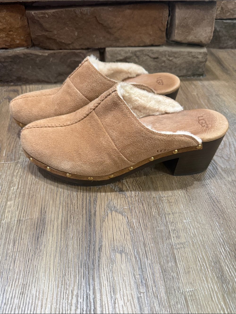UGG Tan Suede Shearling-Lined Clog Mules with Stud Detail